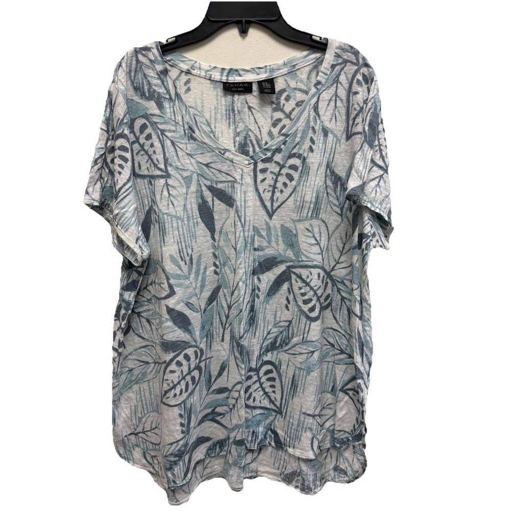 Tahari 100% Linen Top Womens 2X Blue Tropical Leaf Print V Neck Blouse